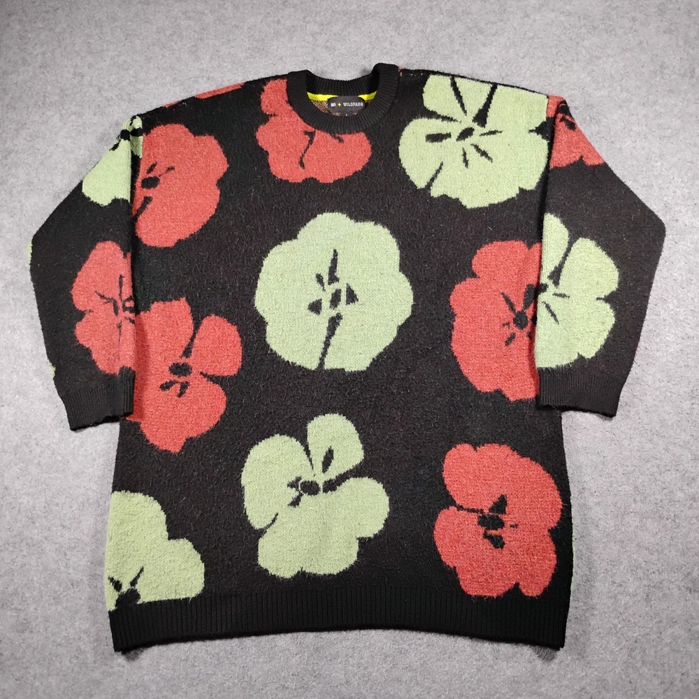 BP + Wildfang Women L Black Floral Intarsia Knit Long Sleeve Crewneck Sweater